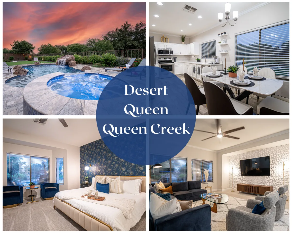 The image showcases the outdoor oasis of the property, featuring a sparkling heated swimming pool and spa surrounded by comfortable lounge seating. A stylish outdoor dining table invites al fresco meals, while the view extends to an inviting living room area through large glass doors. The tranquil desert setting is enhanced by warm sunset lighting, highlighting the perfect environment for relaxation, family gatherings, and stargazing.