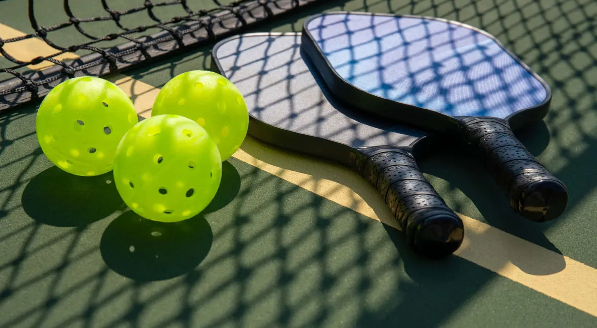 A close-up view of pickleball paddles, yellow pickleballs, and a segment of the netting on a sunlit outdoor pickleball court. The court surface and sporting equipment are clearly visible, capturing the vibrant, active spirit of outdoor sports.